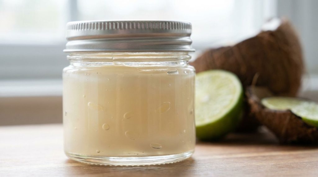 Close-up of a small glass jar containing the freshly mixed Heel Glow Jelly with a smooth slightly opaque texture A lime 