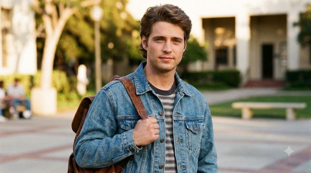 Jason Priestley as Brandon Walsh in Beverly Hills 90210 looking earnest and charming