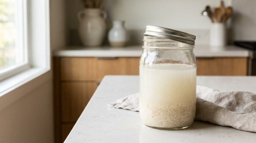A glass jar with cloudy fermented rice water loosely covered with a lid sitting on a kitchen counter with soft indirect 