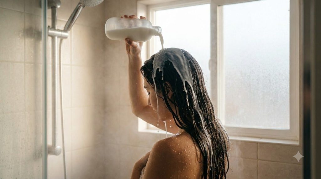 A woman in a shower is pouring a milky white liquid from a bottle over her long dark hair with water gently running down