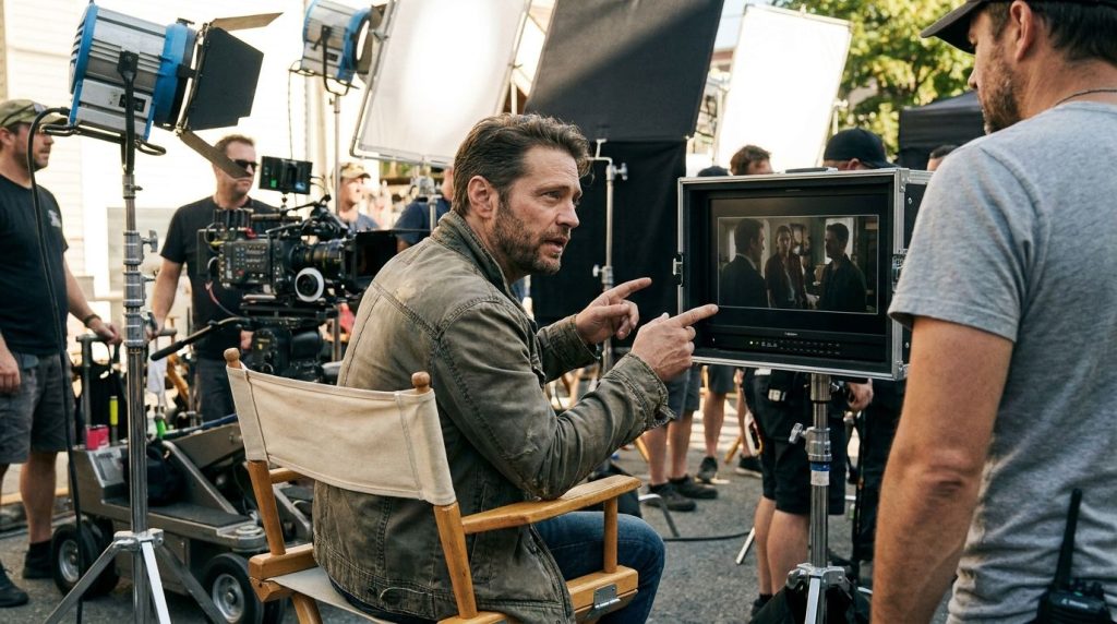 Jason Priestley behind the camera directing on a set