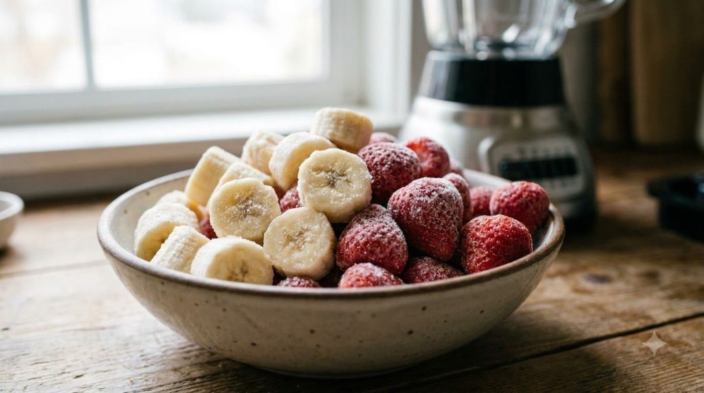 Frozen banana slices and frozen strawberries ready for blending