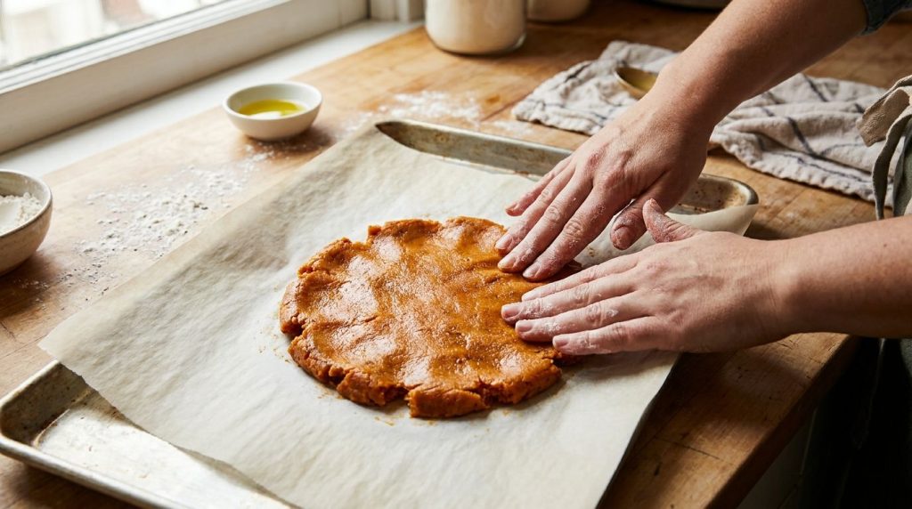 Sweet potato pizza dough being spread onto parchment paper on a baking sheet