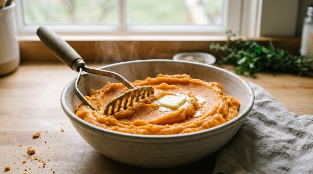 Mashed sweet potatoes in a bowl with a potato masher