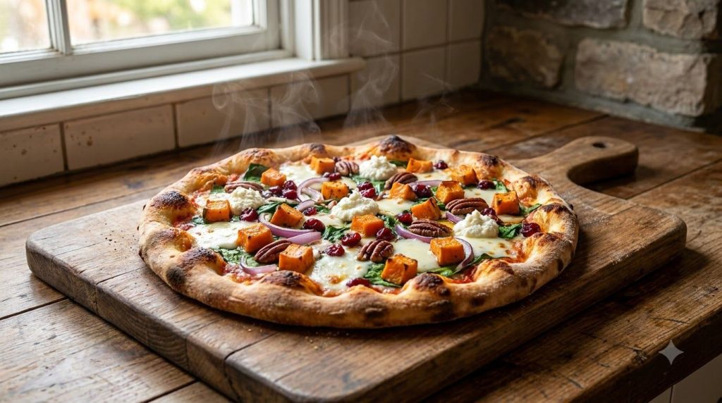A finished sweet potato pizza with melted cheese and colorful toppings fresh out of the oven