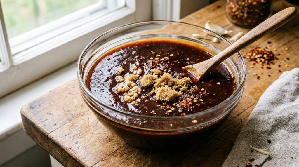 A bowl of mixed BBQ sauce ingredients including brown sugar smoked paprika and apple cider vinegar