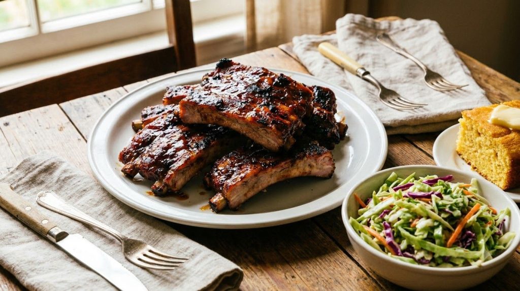 A serving of slow cooker ribs with a side of coleslaw and cornbread