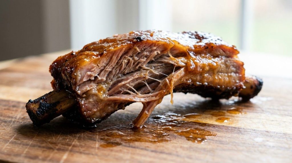 A close-up of a single rib being pulled apart showing its tender cooked texture