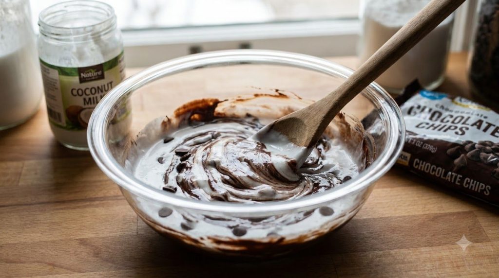 A close-up of melted vegan chocolate and coconut cream being stirred together in a bowl creating a smooth ganache