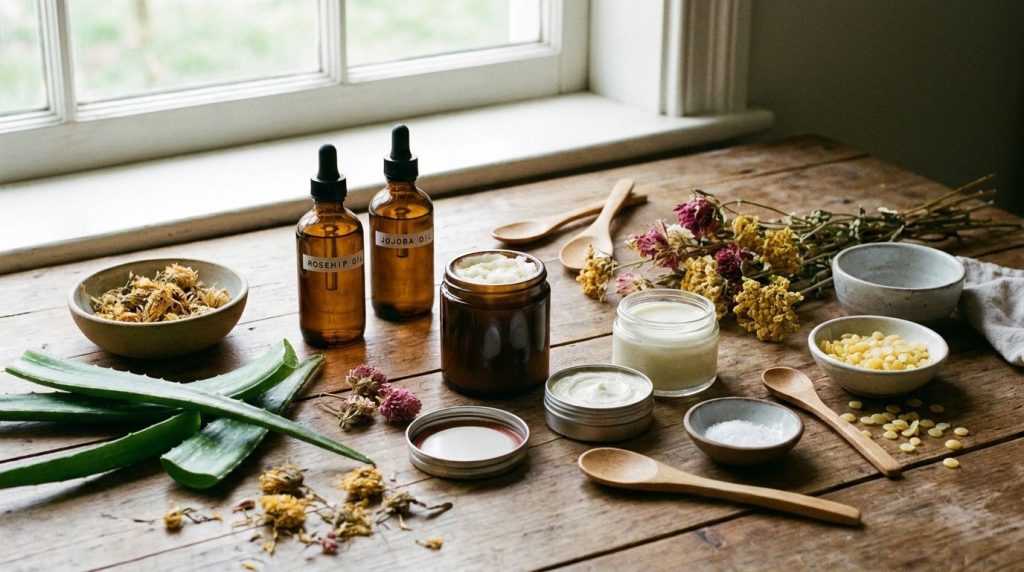 A variety of natural skincare ingredients and products such as bottles of rosehip oil aloe vera gel and a jar of shea bu
