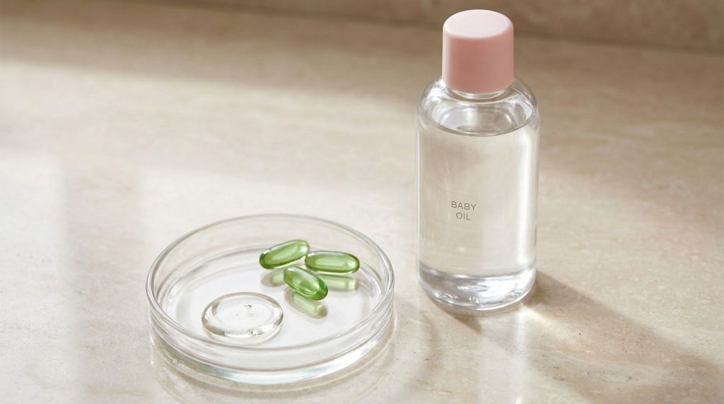 A clear bottle of baby oil with a pink cap standing next to a small open glass dish with a few green vitamin E capsules 