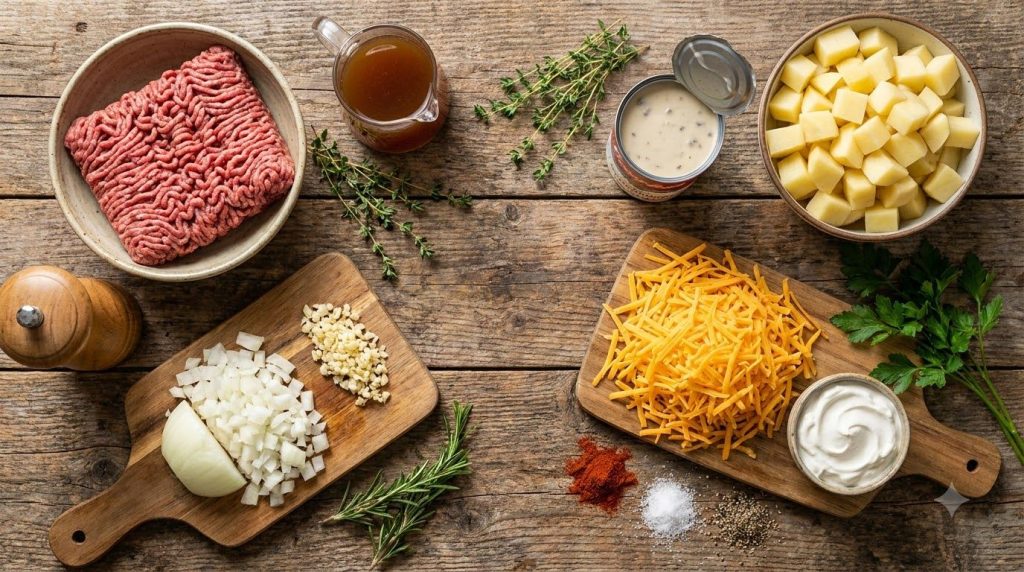 A flat lay of all the ingredients for cheesy beef and potato casserole on a wooden table ground beef diced potatoes chop