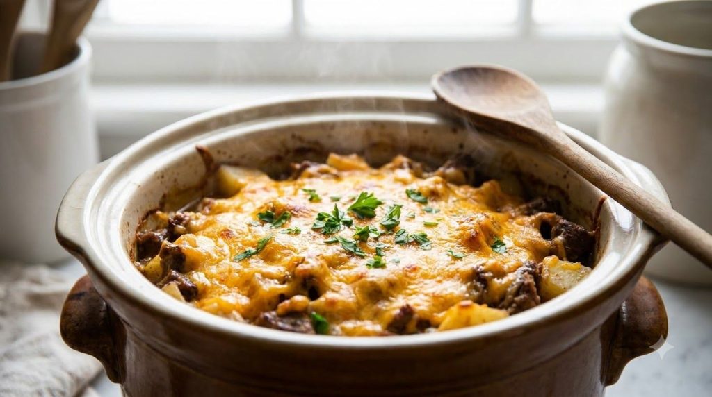 A close-up shot of the cheesy beef and potato casserole freshly cooked and bubbly in the slow cooker with melted cheddar