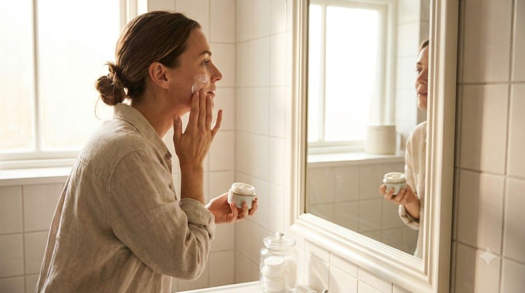 A person applying moisturizer to their face with a gentle circular motion