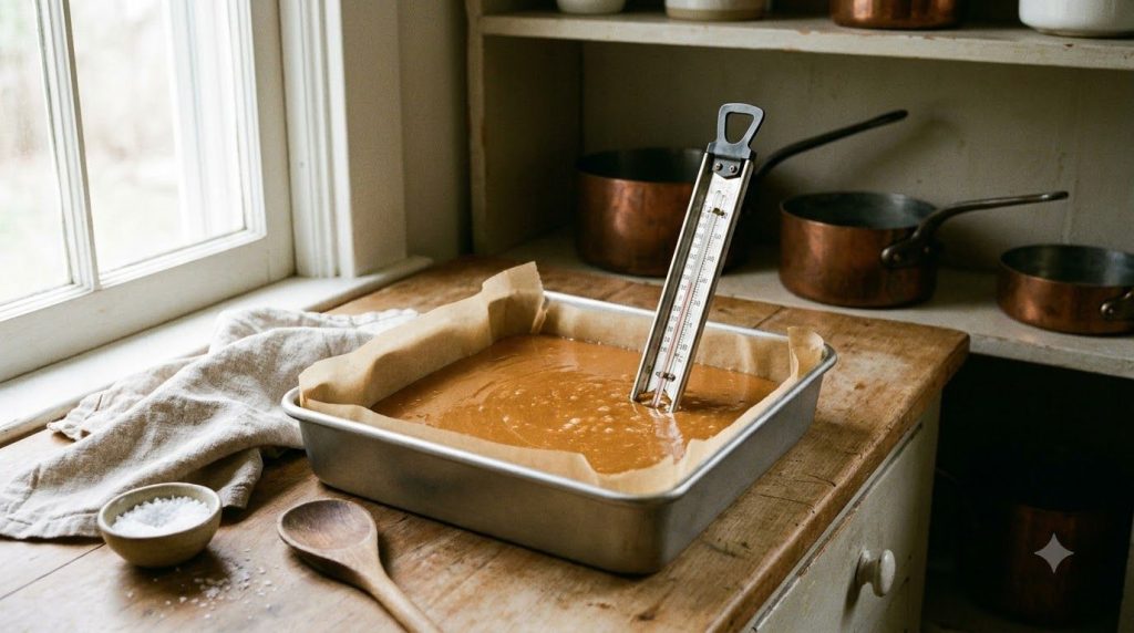 A large block of homemade caramel cooling in a parchment-lined 8x8 inch baking pan with a candy thermometer still in it