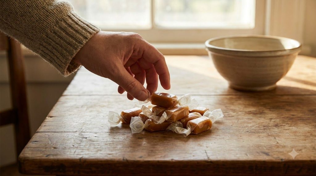 A hand reaching for a piece of soft caramel candy individually wrapped in wax paper from a small pile