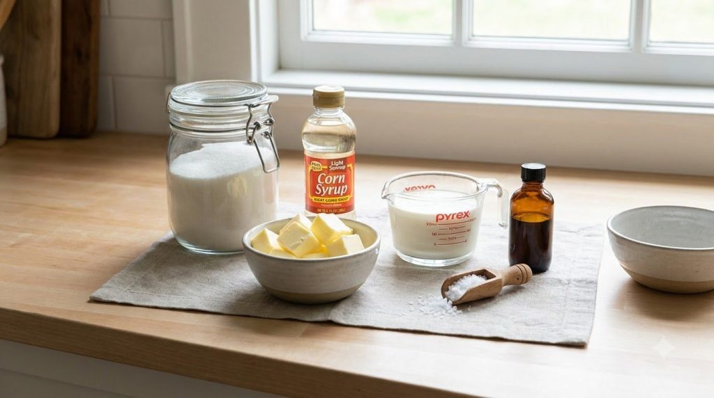 Ingredients for caramel candy laid out on a kitchen counter sugar corn syrup butter cubes heavy cream vanilla extract an