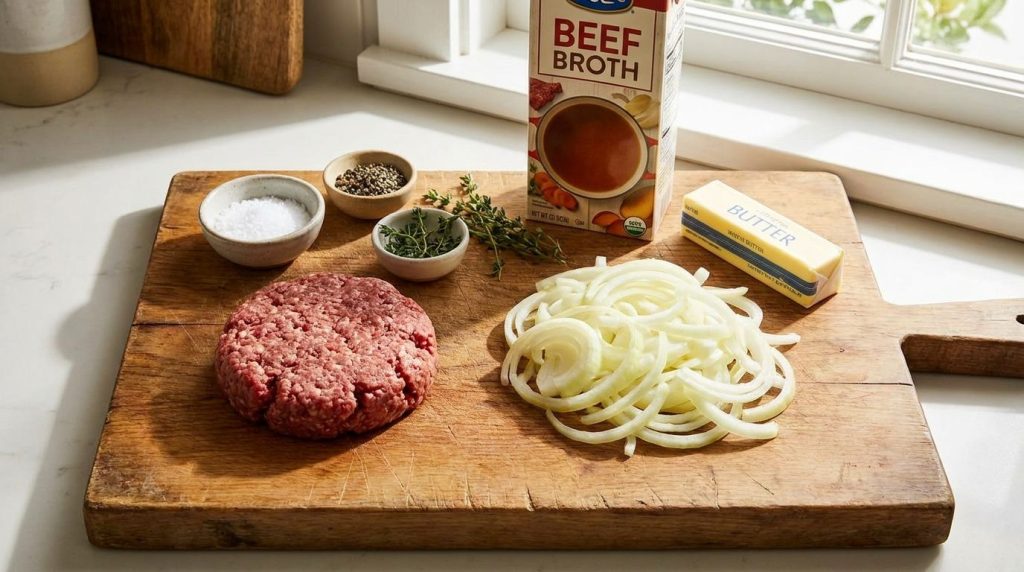 Various fresh ingredients laid out on a wooden cutting board ground beef sliced yellow onions beef broth butter and seas