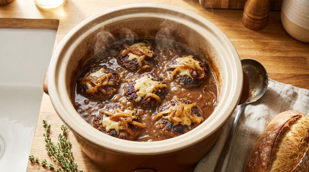 An open slow cooker filled with bubbling French Onion Burger Steaks showing tender patties submerged in a rich thick oni