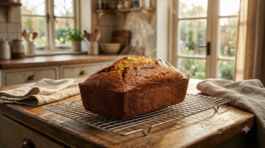 A perfectly baked loaf of sweet potato and banana bread cooling on a wire rack steam gently rising with a warm kitchen b