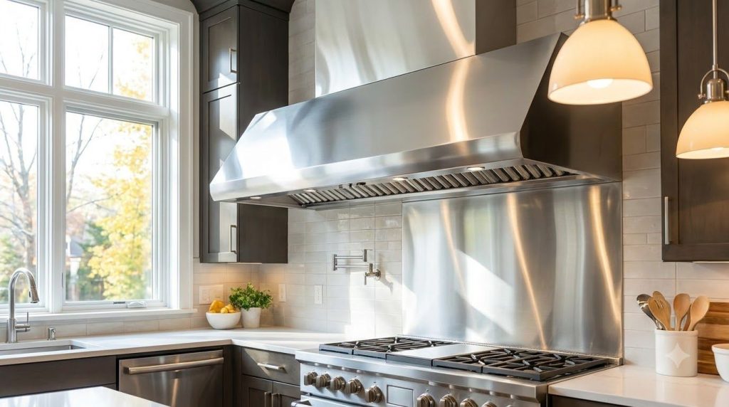 A gleaming clean stainless steel kitchen range hood sparkling brightly after being thoroughly cleaned The surface reflec