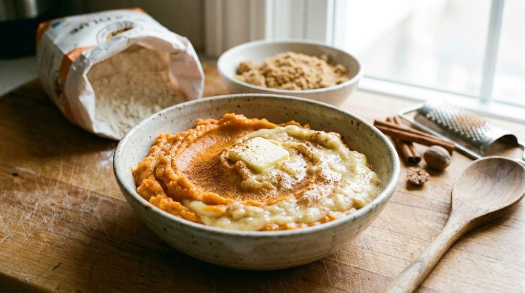 Close-up of a bowl of mashed sweet potato and ripe bananas with other baking ingredients like flour sugar and spices in