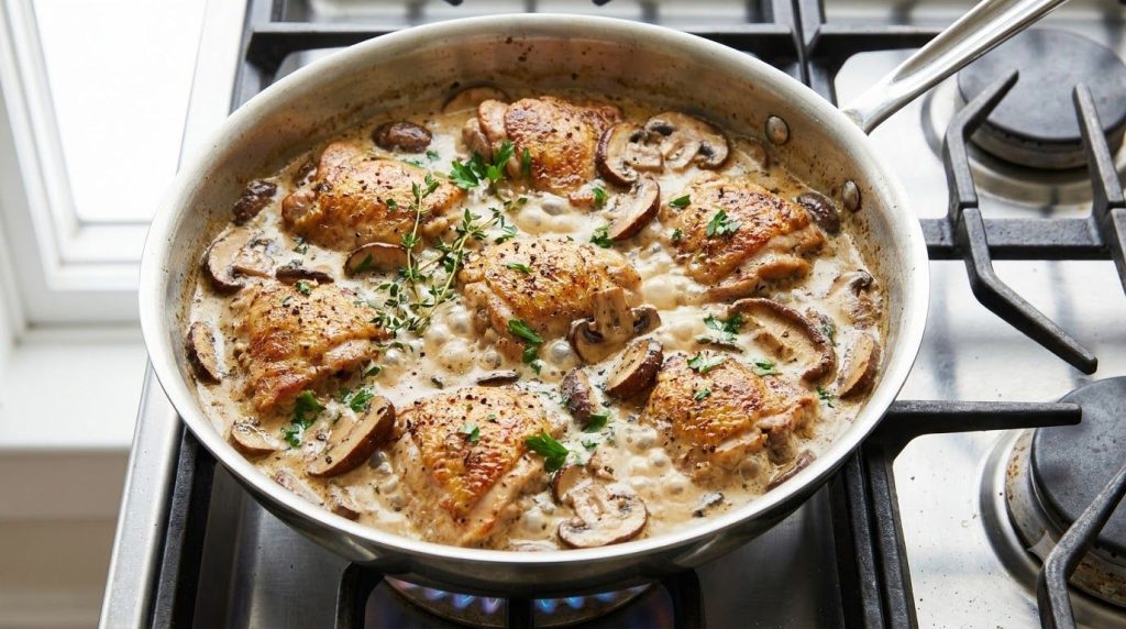 Step-by-step image showing cooked chicken and mushrooms simmering in a creamy sauce in a skillet