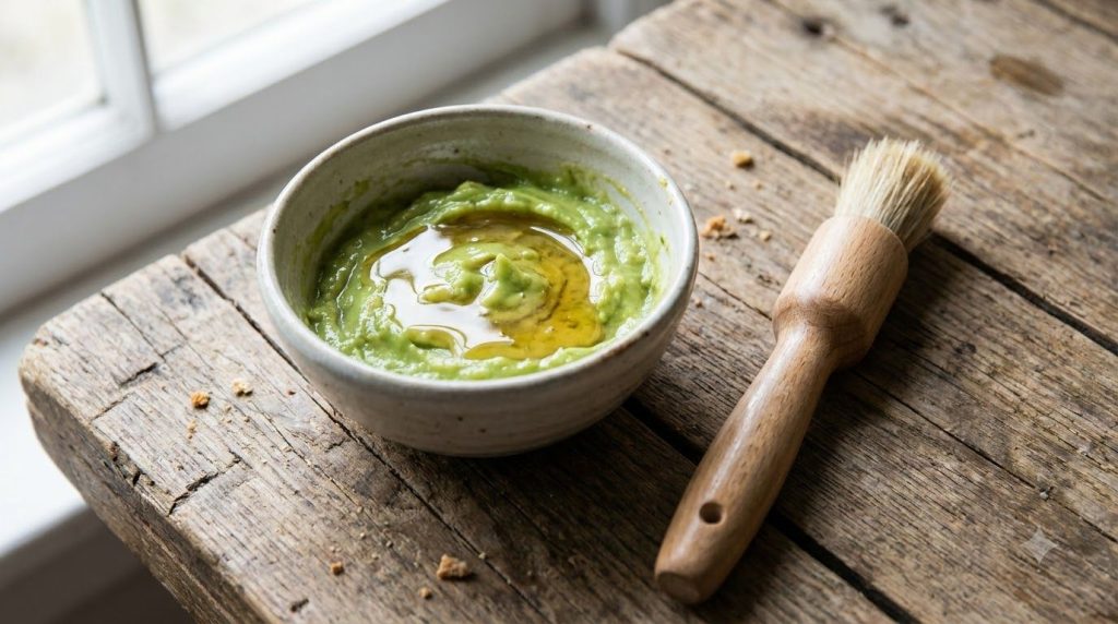 A close-up of a bowl of mashed avocado and honey with a small brush for application symbolizing a DIY face mask