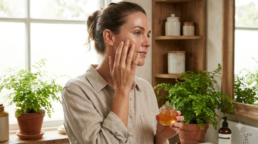 Mujer aplicando el gel antiarrugas casero en su rostro