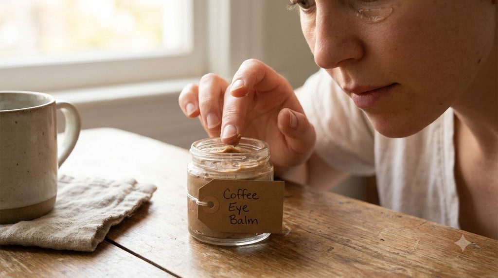 A small homemade eye cream in a tiny jar made from Vaseline and coffee applied to the delicate skin under an eye with a 