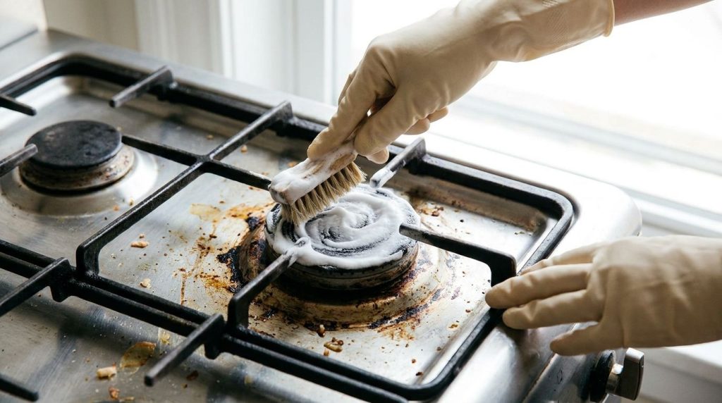Person applying the shaving cream and water mixture to a dirty gas stovetop with a small brush