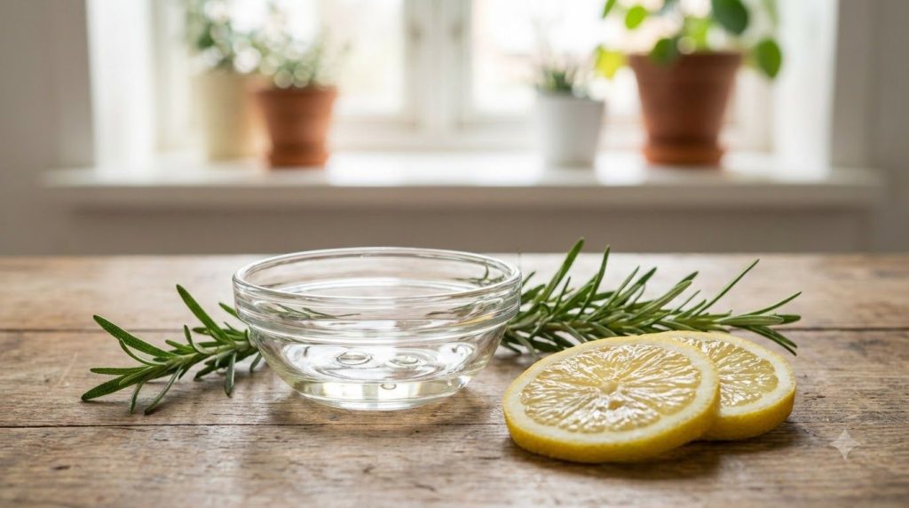 Close-up of a small glass bowl containing baby oil fresh lemon slices and a sprig of rosemary on a light background