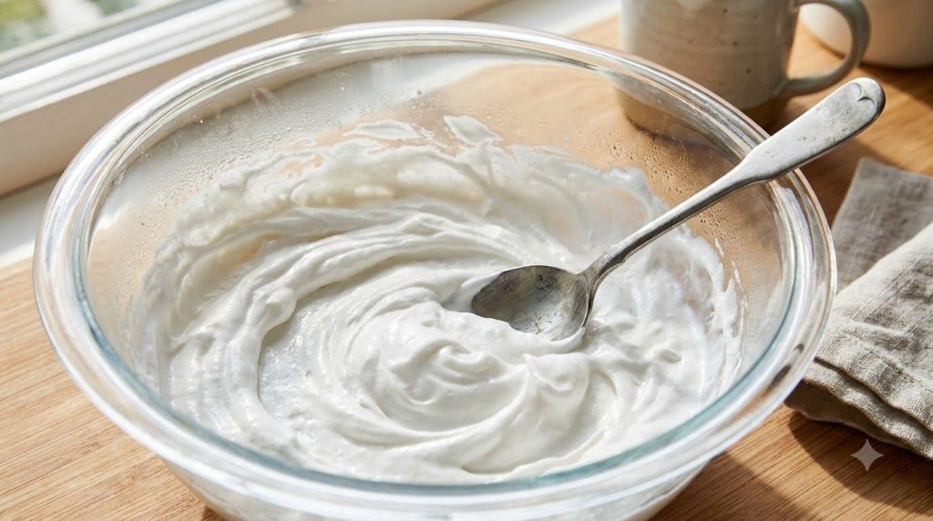 A close-up of a white creamy paste made from shaving cream cornstarch and water in a clear mixing bowl with a spoon