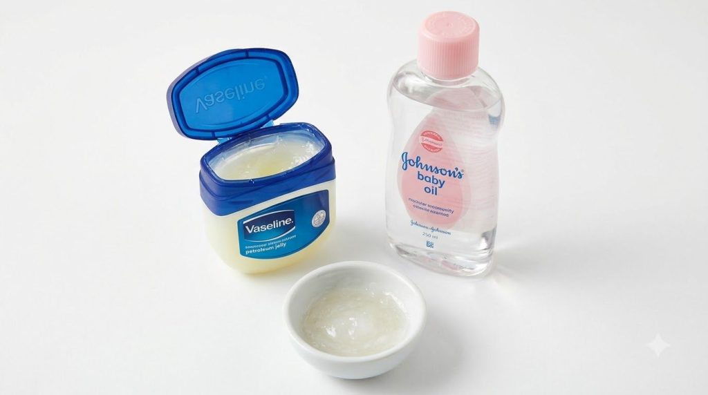 A small jar of Vaseline and a bottle of baby oil next to a small bowl with a spoon showing the two ingredients mixed tog