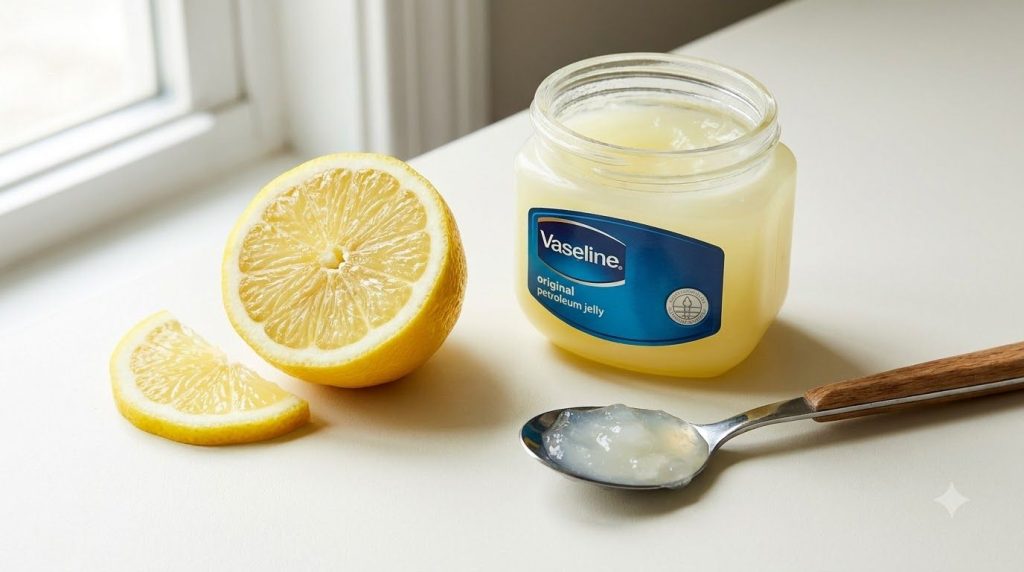 An open jar of Vaseline next to a freshly cut lemon with a spoon showing a small amount of Vaseline mixed with lemon jui