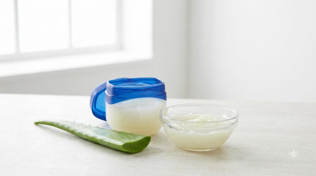 An open jar of Vaseline a piece of aloe vera leaf and a small bowl with a mixture of Vaseline and aloe vera gel The scen