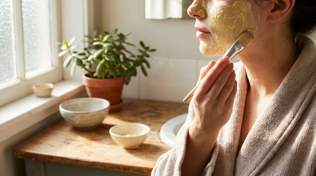 A close-up of a person gently applying a homemade face mask with a brush to their cheek The mask appears light yellow po