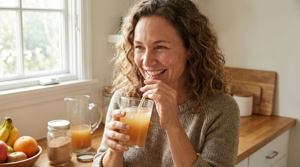 A woman smiling and taking a sip from a glass of the homemade collagen glow drink appearing refreshed and happy