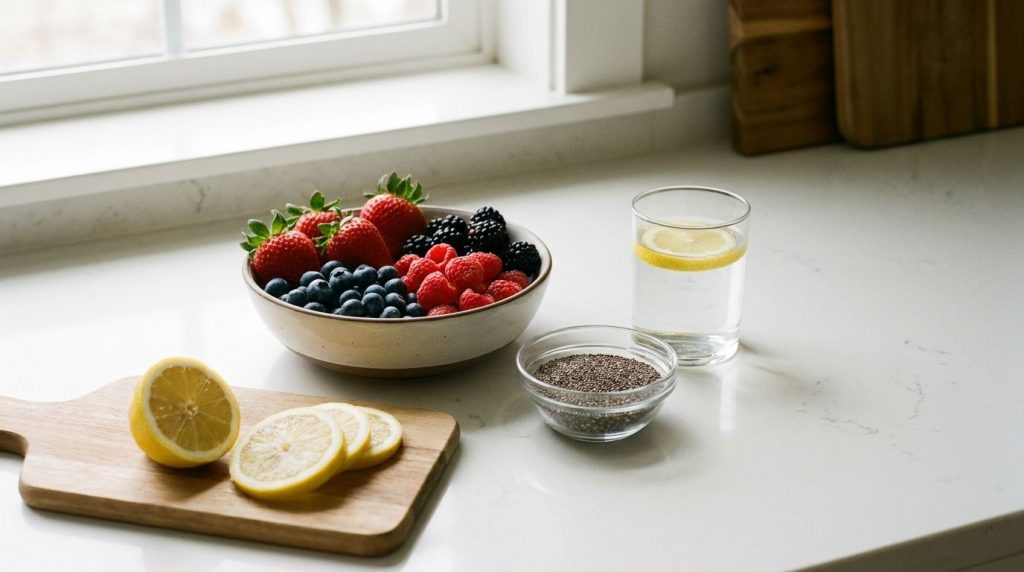 Various fresh ingredients laid out on a clean counter mixed berries a sliced lemon a small bowl of chia seeds and a glas