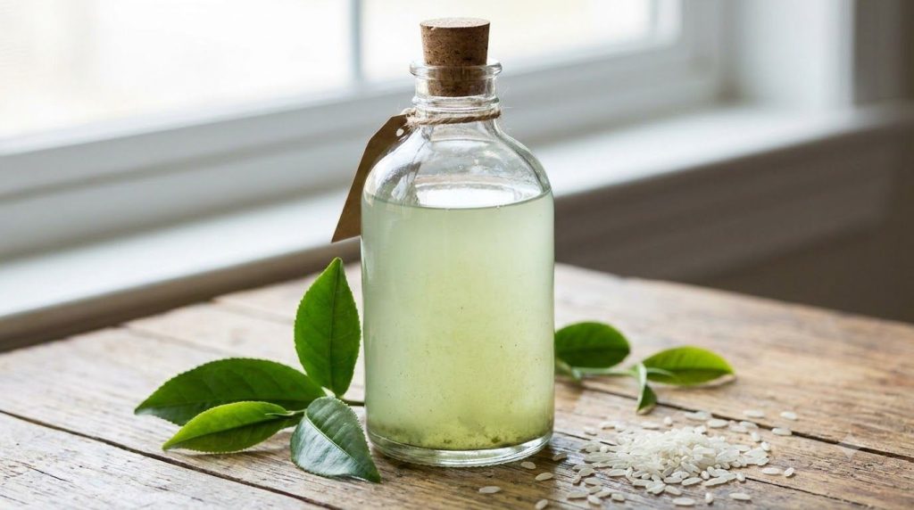 A close-up of a glass bottle containing a homemade green tea and rice water toner with fresh green tea leaves and white