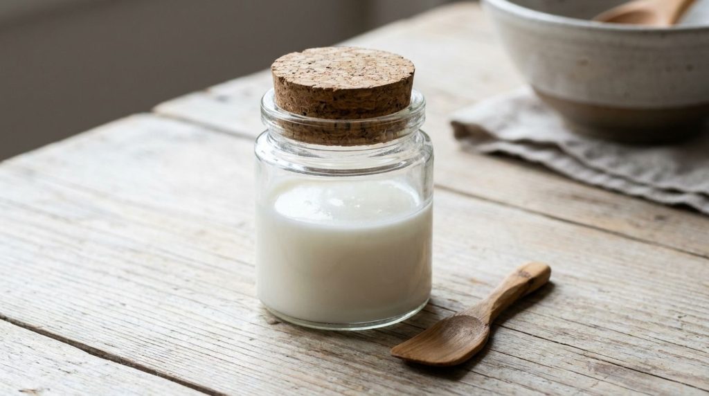 A close-up of a glass jar filled with a smooth white homemade rice and milk cream with a small spatula nearby