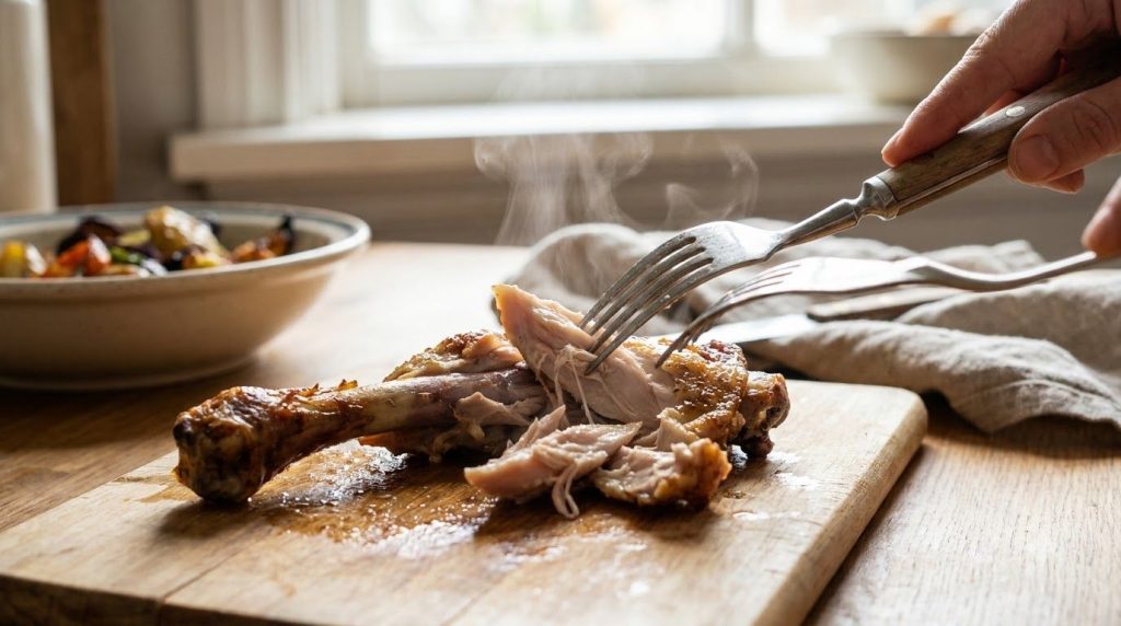 Tender cooked chicken pieces being pulled from the bone with two forks
