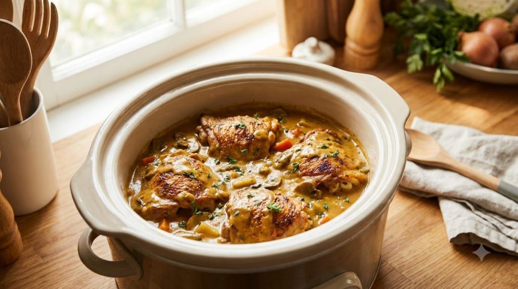 Chicken pieces arranged in a slow cooker covered with the creamy soup mixture