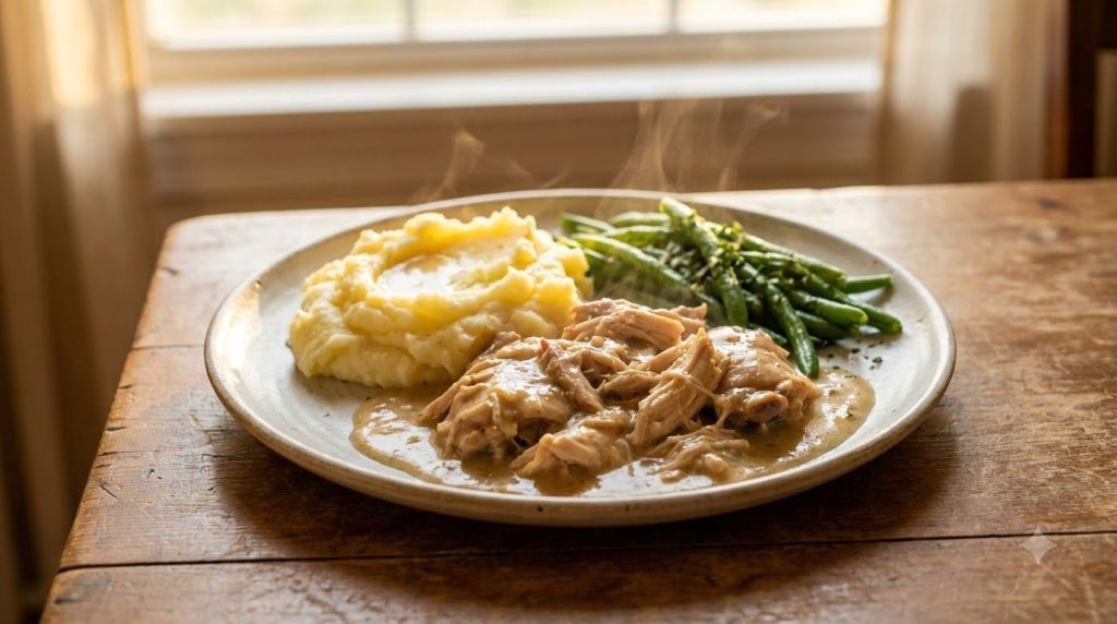 The finished Easy Slow Cooker Comfort Chicken dish plated with mashed potatoes and green beans