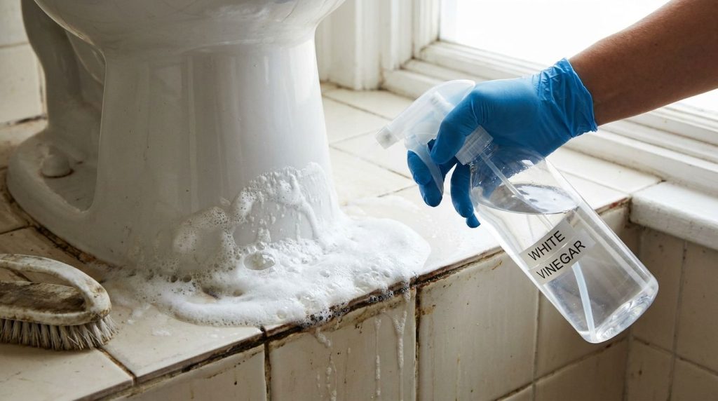 A person s gloved hand spraying white vinegar from a spray bottle onto a thick white paste applied to dirty bathroom til