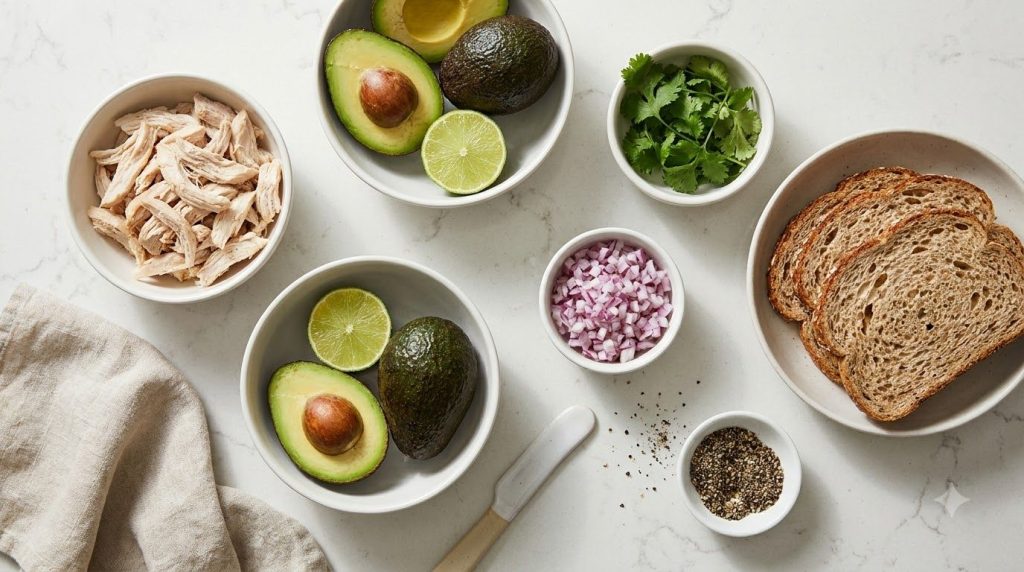 All the fresh ingredients for guacamole chicken salad toast laid out on a clean counter cooked shredded chicken ripe avo
