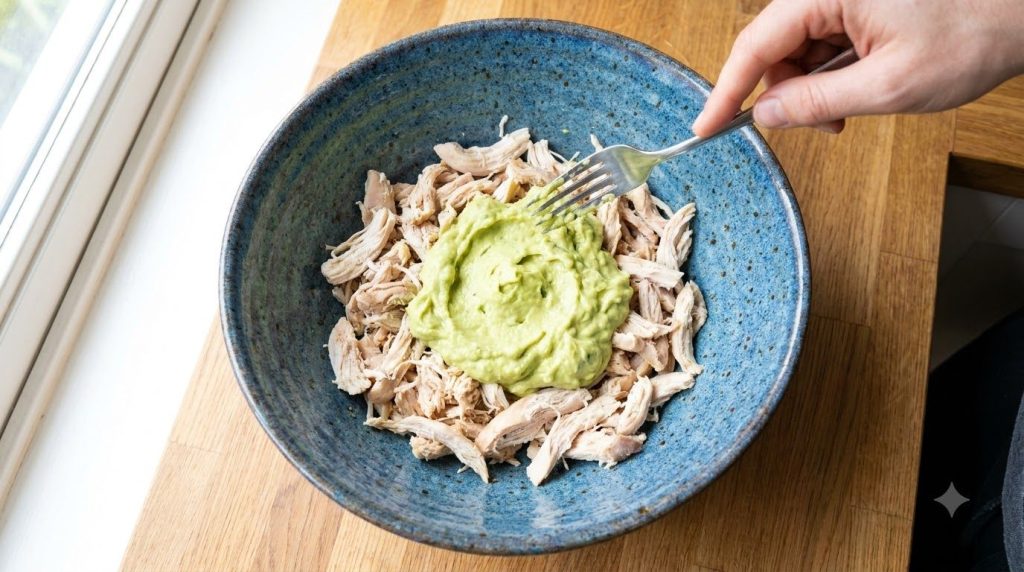 A step-by-step process shot showing a bowl of shredded chicken mixed with mashed avocado diced red onion cilantro and li