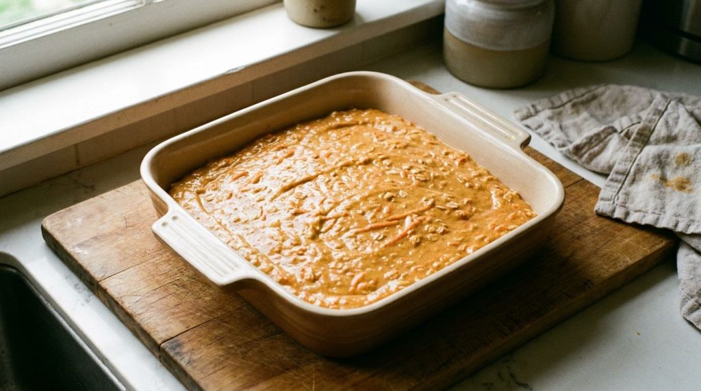The carrot oat bake batter poured into a square baking dish ready to be placed in the oven