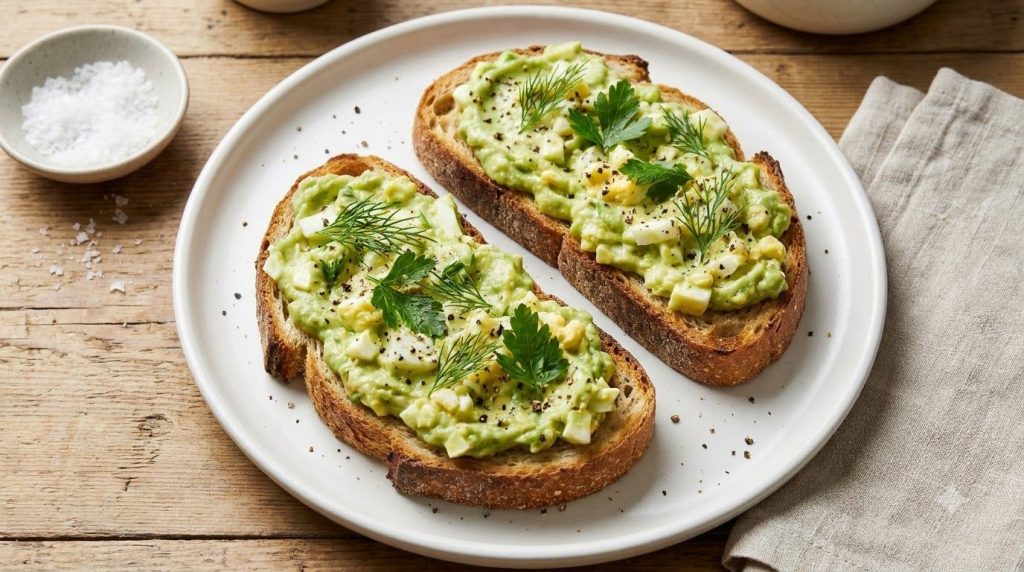Two slices of golden brown toast topped with the finished creamy avocado and egg spread garnished with fresh herbs prese