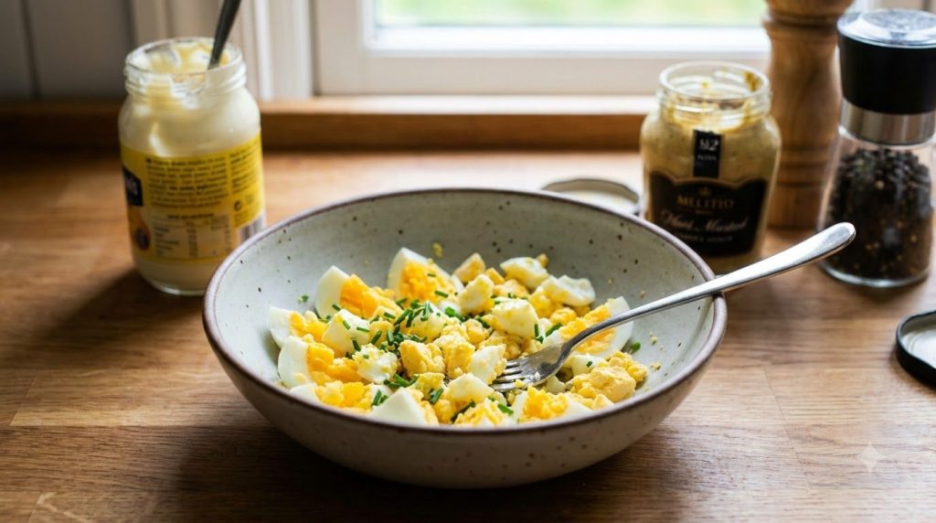 Coarsely mashed hard-boiled eggs in a small mixing bowl ready to be combined with other ingredients